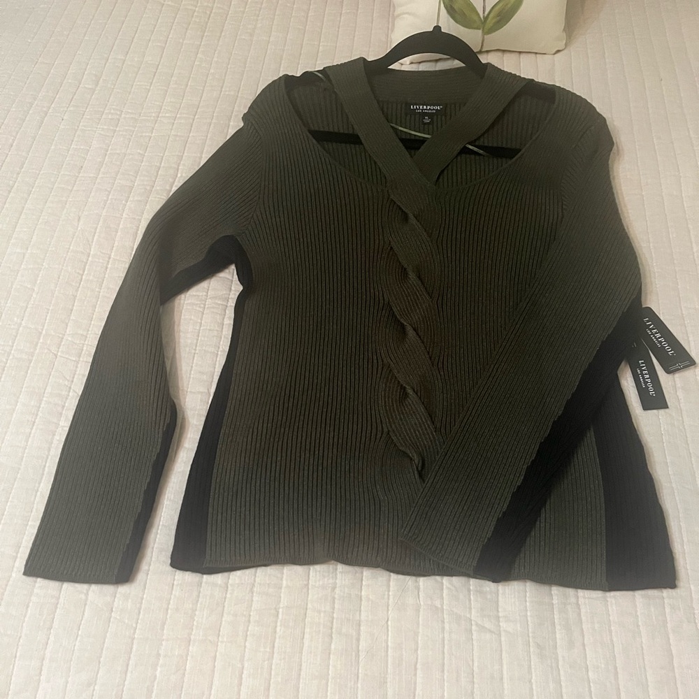 Liverpool Long Sleeve Cable Twist Neck Sweater in Pine